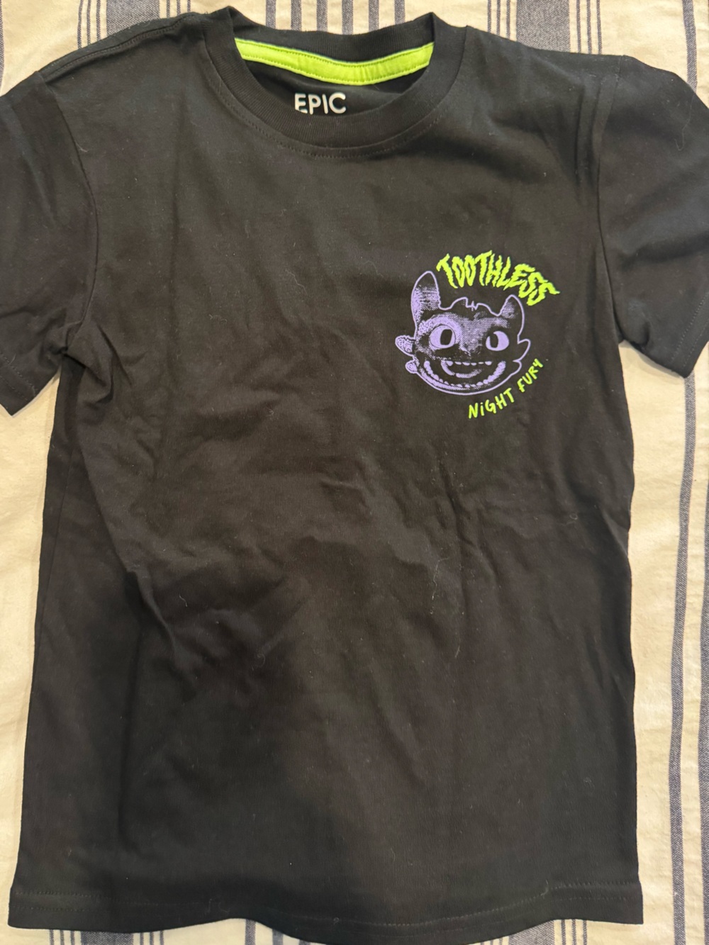 Kid’s Black Toothless How to Train Your Dragon Graphic Tee w/ Purple/Lime design